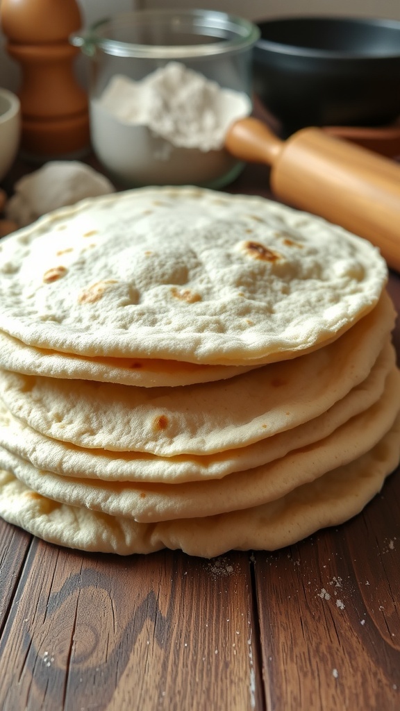 A stack of warm homemade flour tortillas on a wooden table, with cooking ingredients in the background.